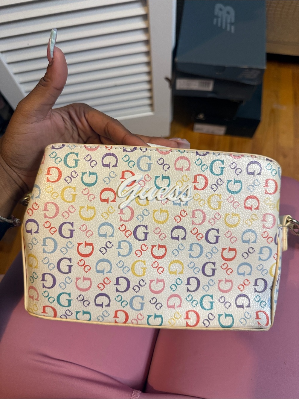 GUESS White Crossbody Bag with Multicolor G Logo Print